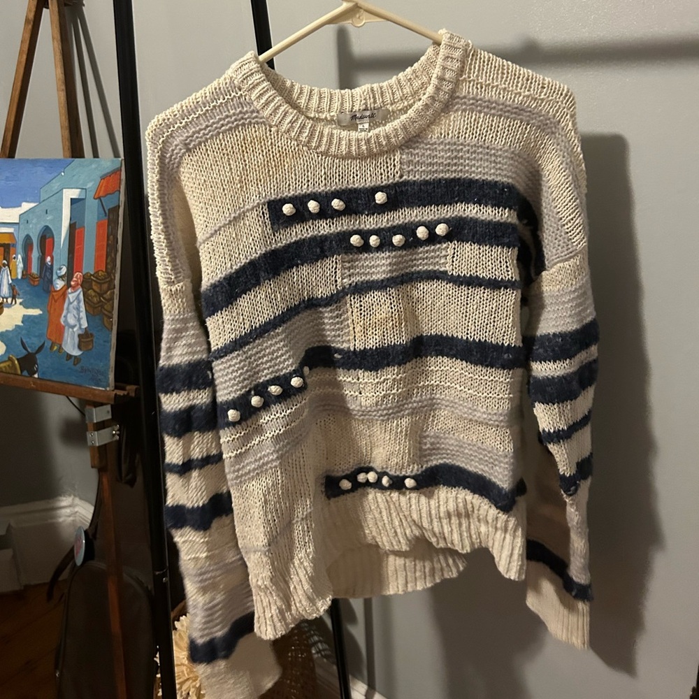 Madewell Cream and Navy Striped Sweater with Pearl Details